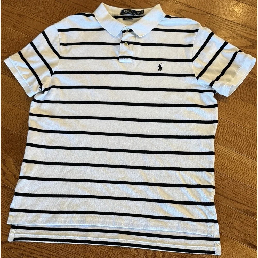 Polo Ralph Lauren Mens XL White Black Stripe Custom Fit Pique Polo Shirt Cotton